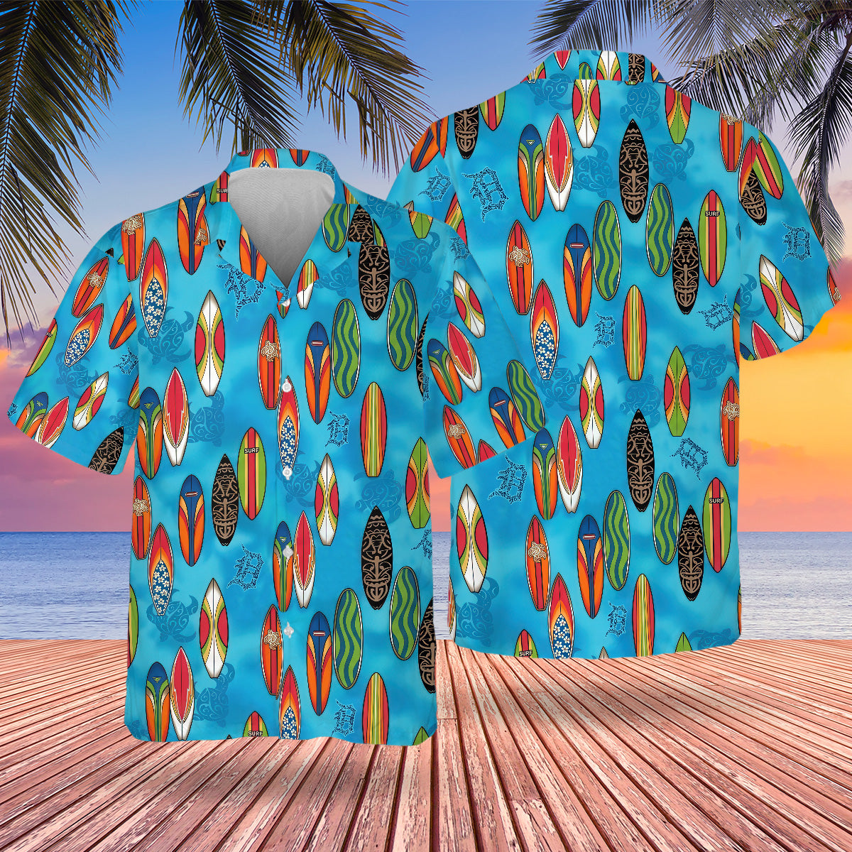 DET Surfing Hawaiian Design Button Shirt