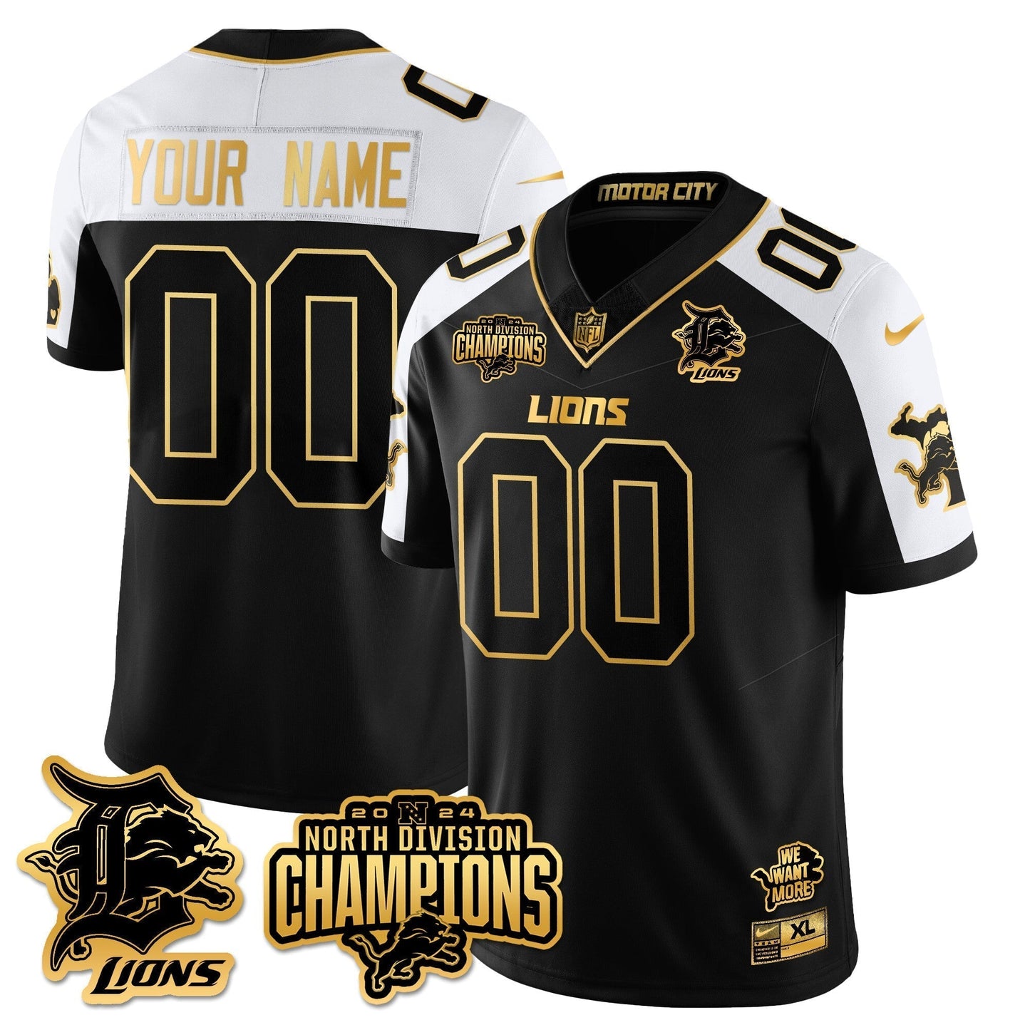 Custom Gender/Name DET 2024 NFC North Champions Gold Jersey N2 - All Stitched