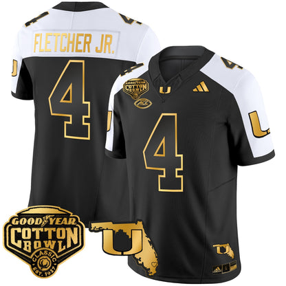 Men's Miami Hurricanes 2025/26 Cotton Bowl & Florida Patch Gold Vapor Limited Jersey - All Stitched