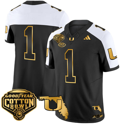 Men's Miami Hurricanes 2025/26 Cotton Bowl & Florida Patch Gold Vapor Limited Jersey - All Stitched