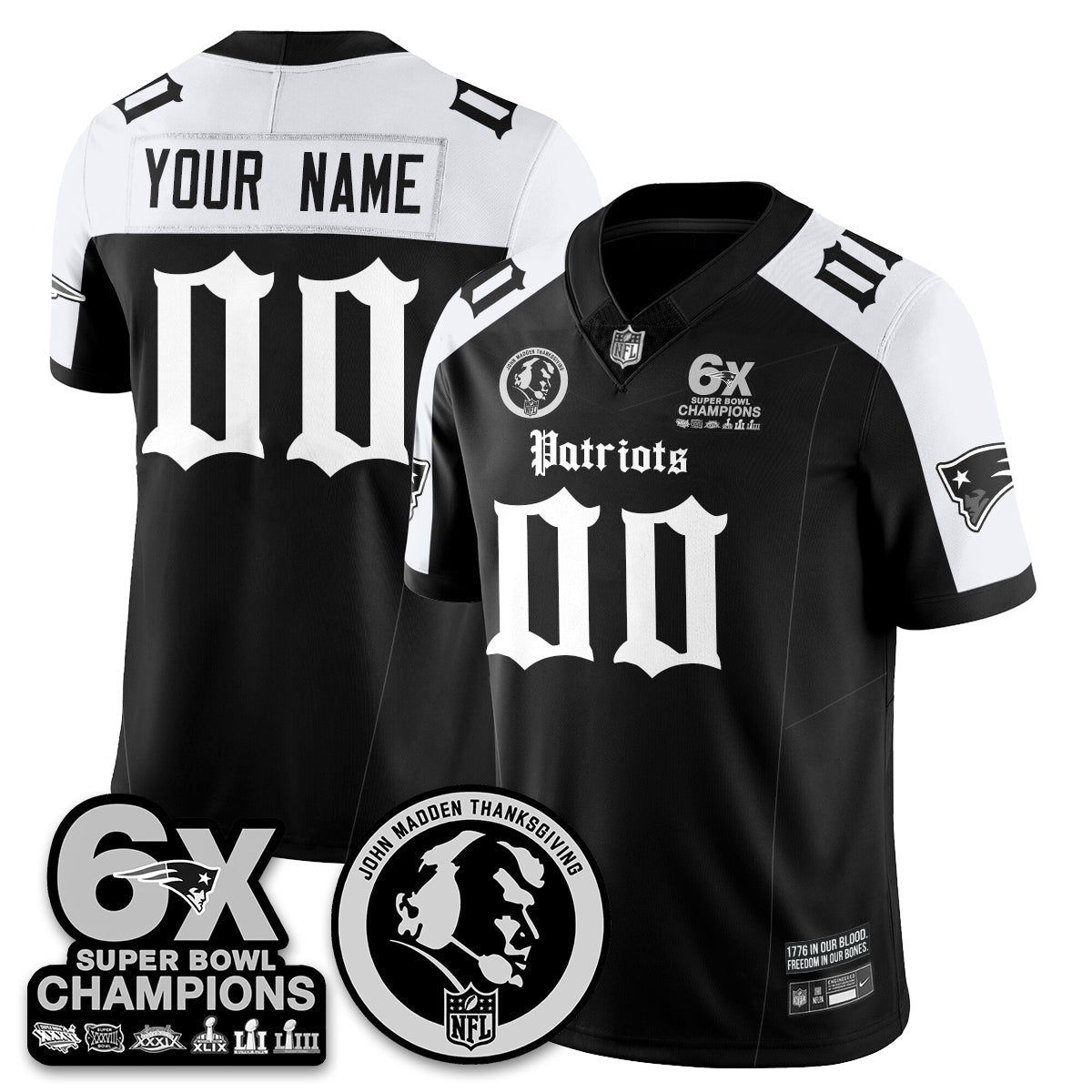 NE Gothic 6x Champions Patch Vapor Limited Custom Jersey - John Madden Patch - All Stitched