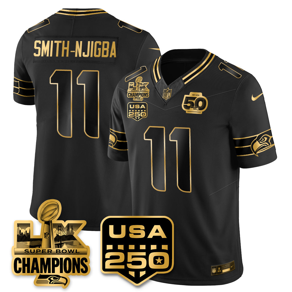 SEA Super Bowl LX - 50th Anniversary Patch Gold Vapor Limited Jersey N19 - All Stitched