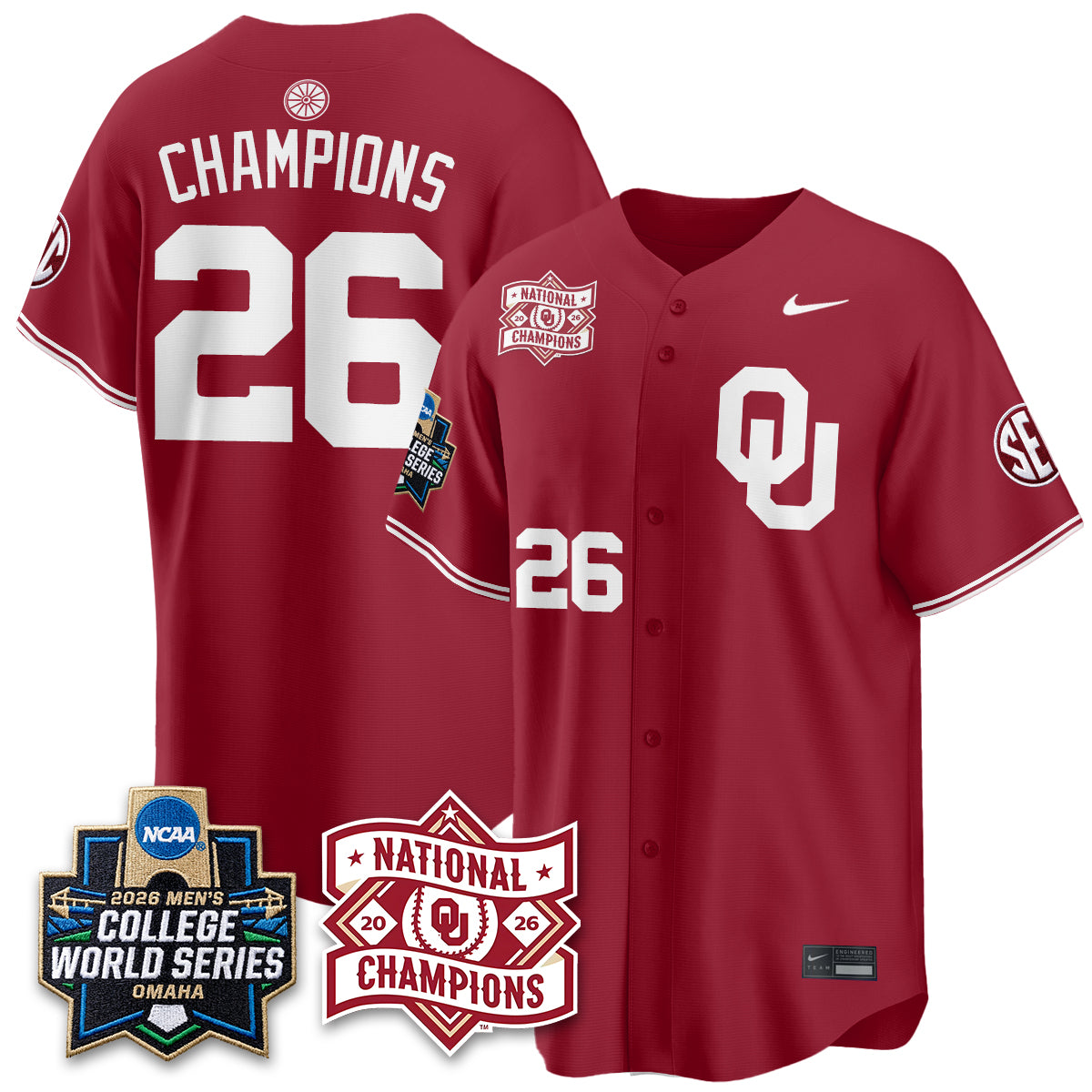 OU 2026 NCAA Baseball College World Series Champions Vapor Jersey - Stitched