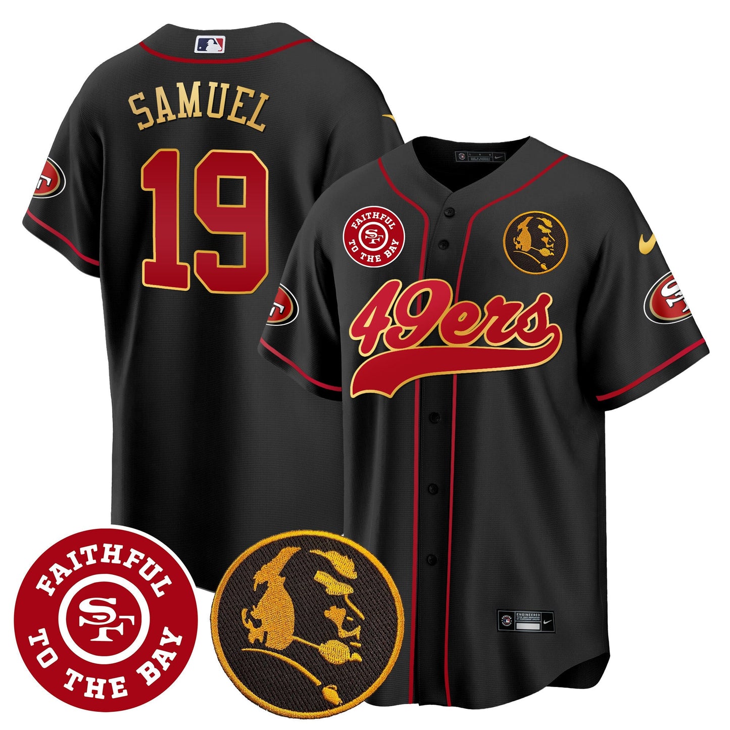 Men's 49ers Faithful & John Madden Patch Baseball Gold Trim Jersey - All Stitched